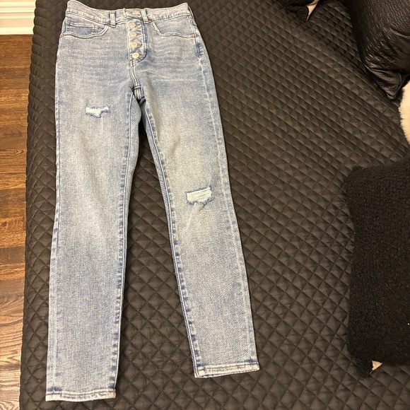 Express Light Wash High Waisted Button Fly Ripped Skinny Jeans, Size 00 Short - Picture 10 of 12